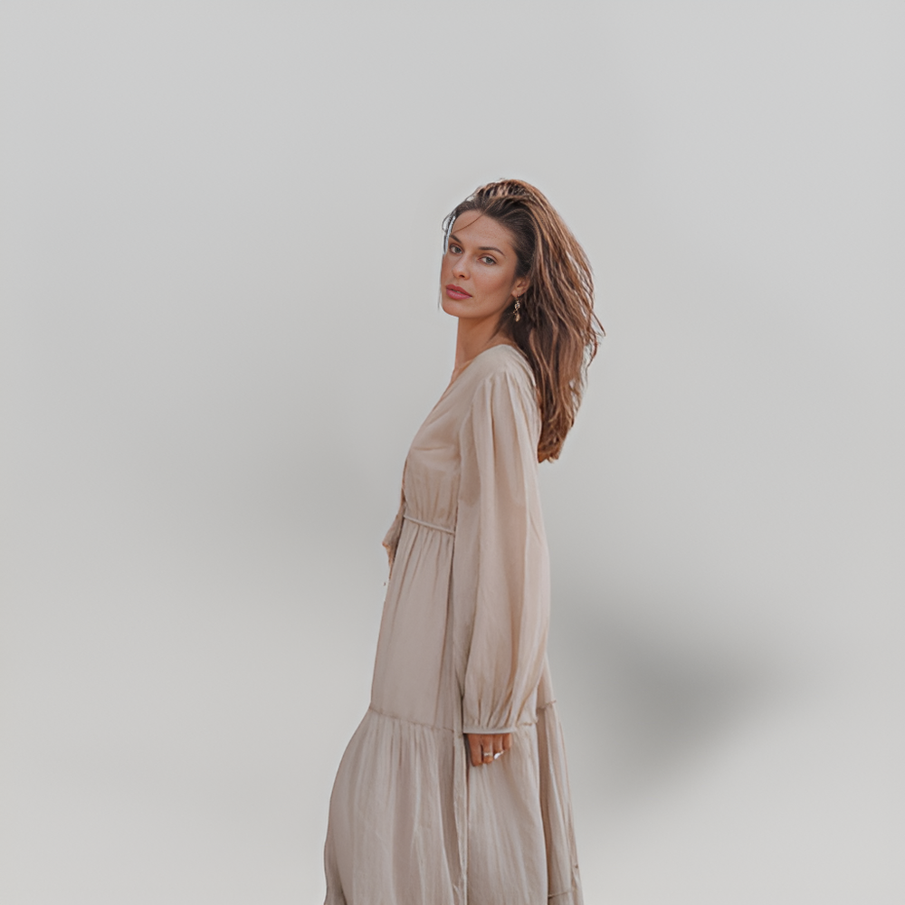 MiaVendi | Sand Maxi Dress V Neck Tassel Lurex Detail