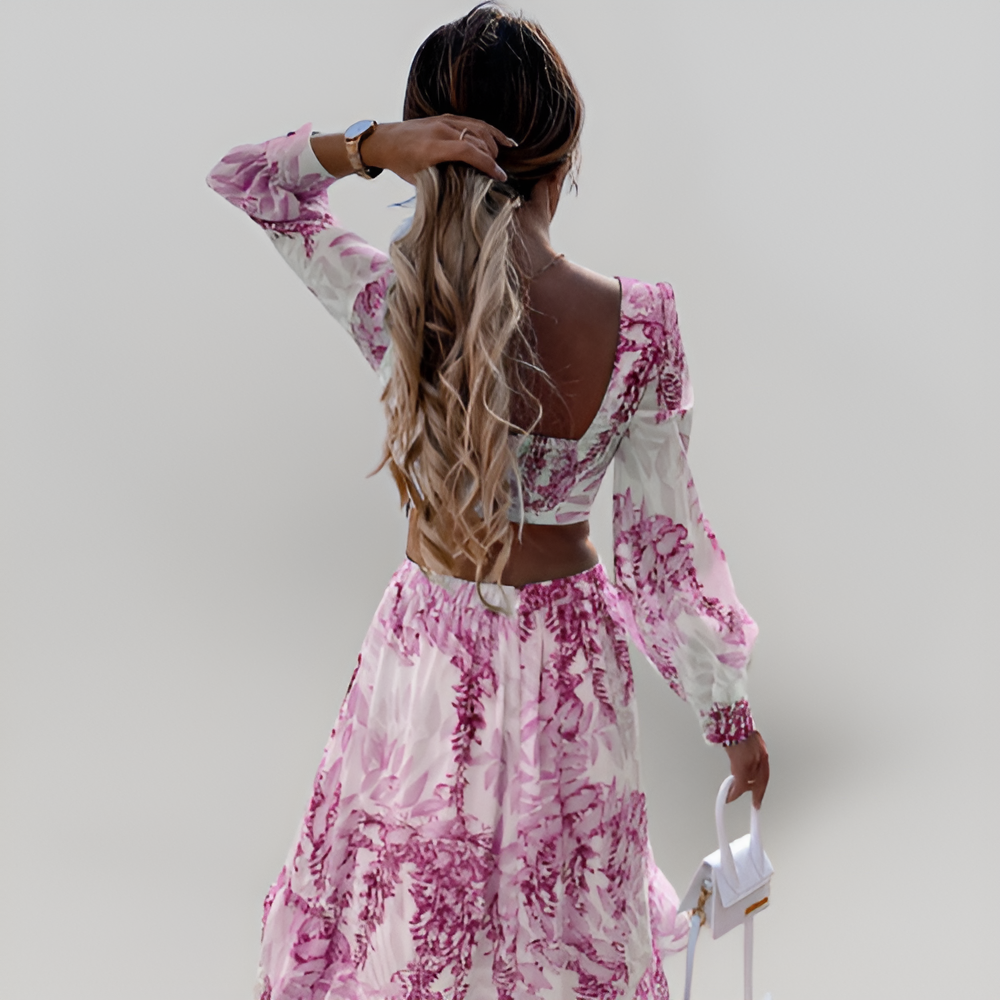 MiaVendi | Women Maxi Dress V-Neck Long Puff Sleeves