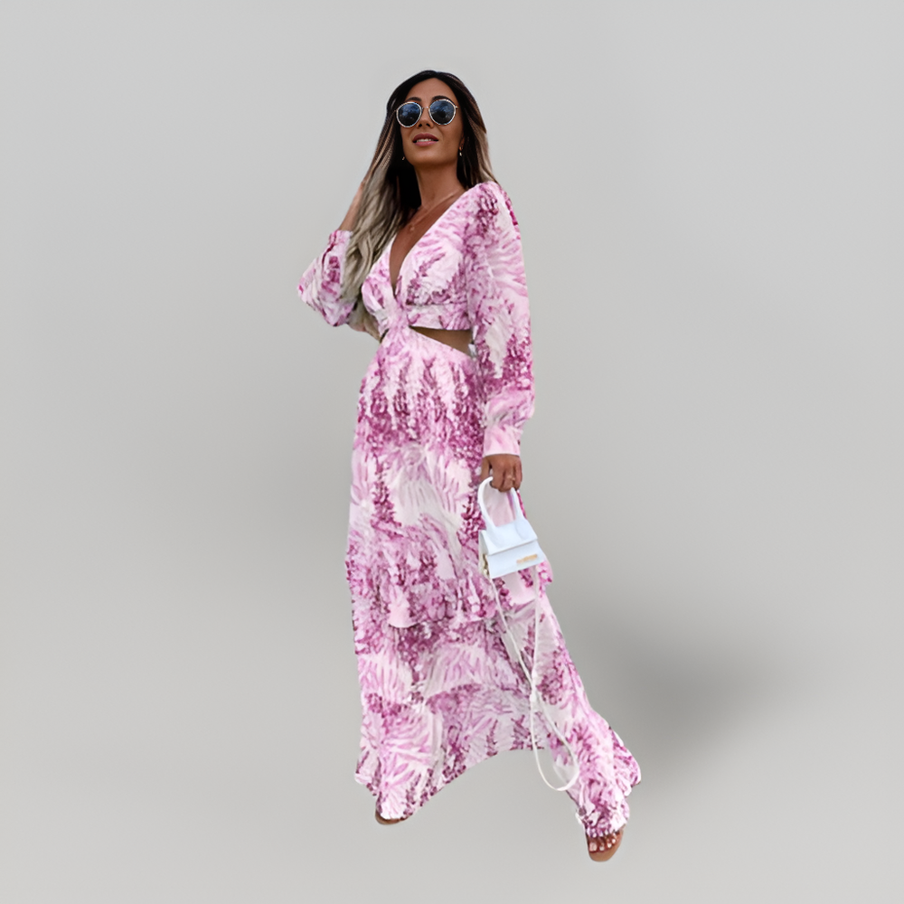 MiaVendi | Women Maxi Dress V-Neck Long Puff Sleeves