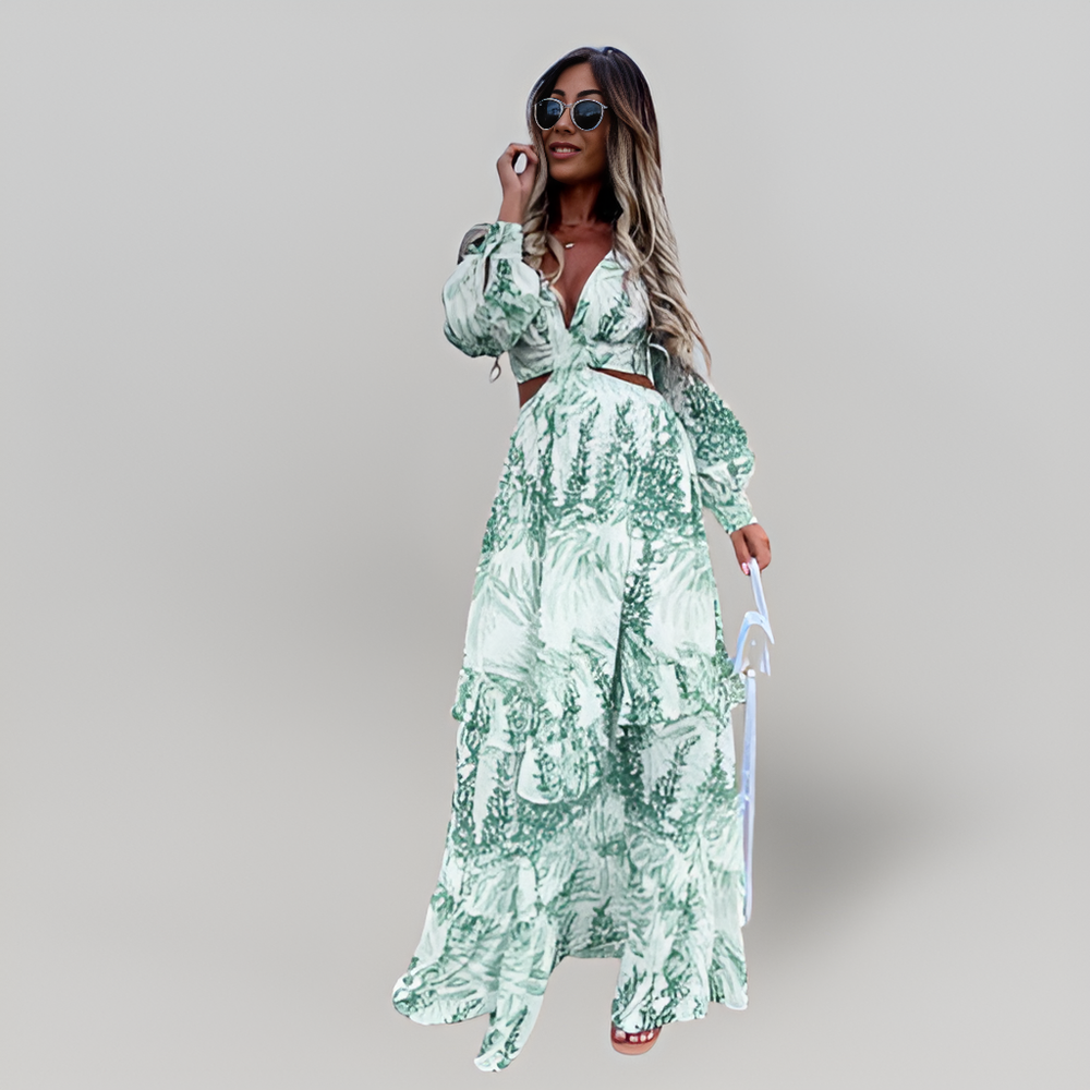 MiaVendi | Women Maxi Dress V-Neck Long Puff Sleeves