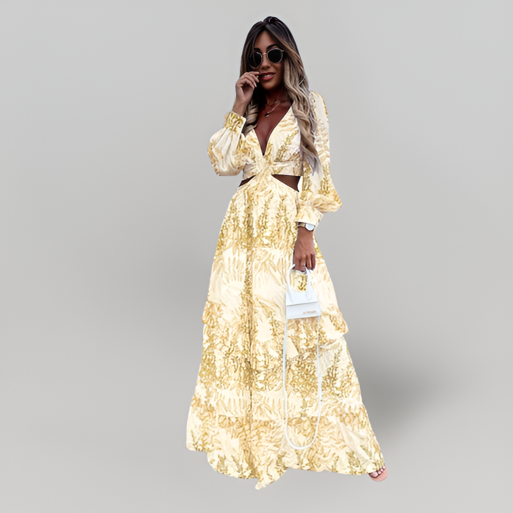 MiaVendi | Women Maxi Dress V-Neck Long Puff Sleeves