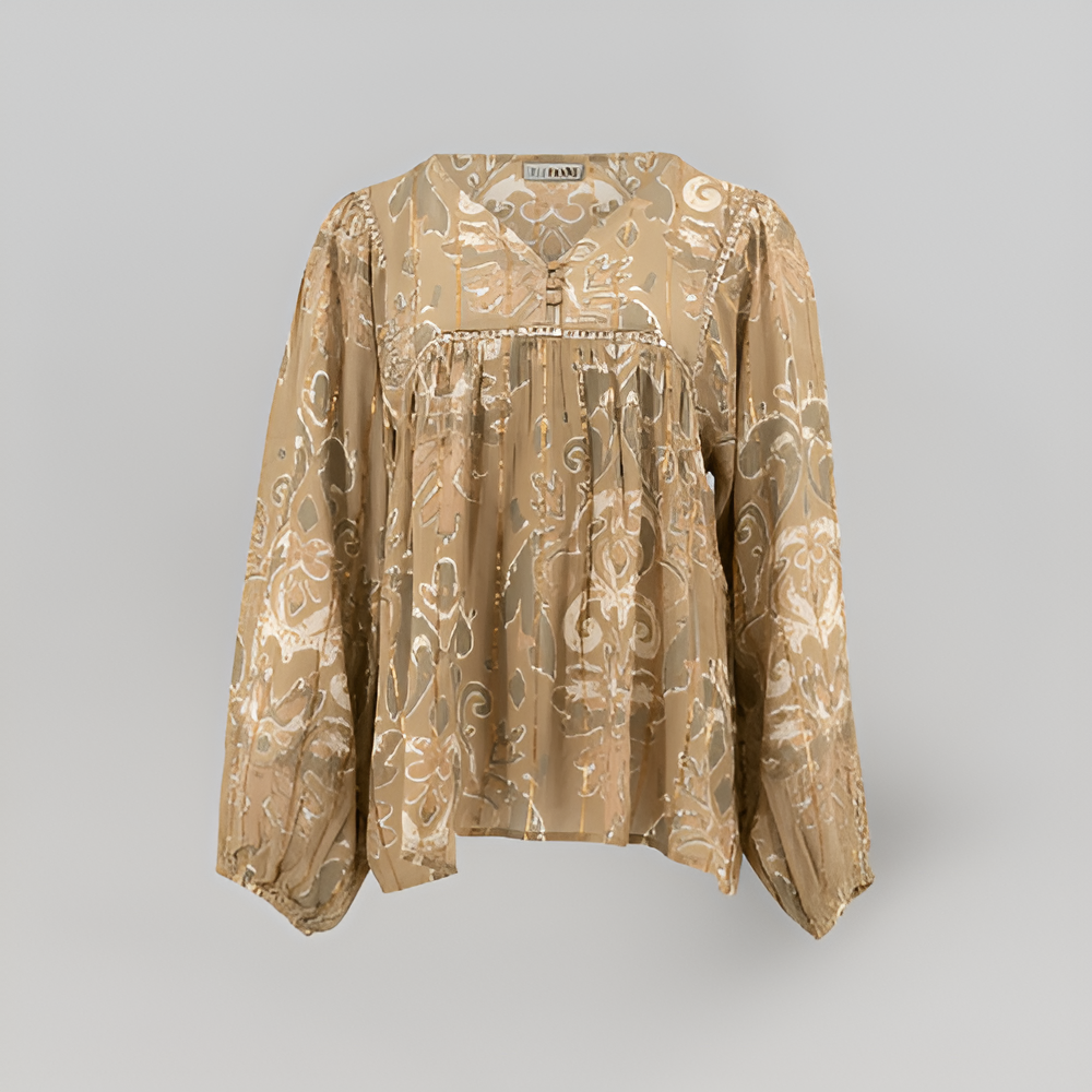 MiaVendi | Khaki Baroque Blouse V Neck Sequined Detail