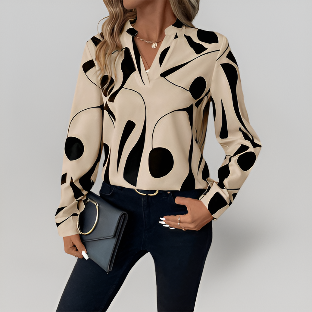 MiaVendi | Ladies Abstract Print Cotton Blouse Beige