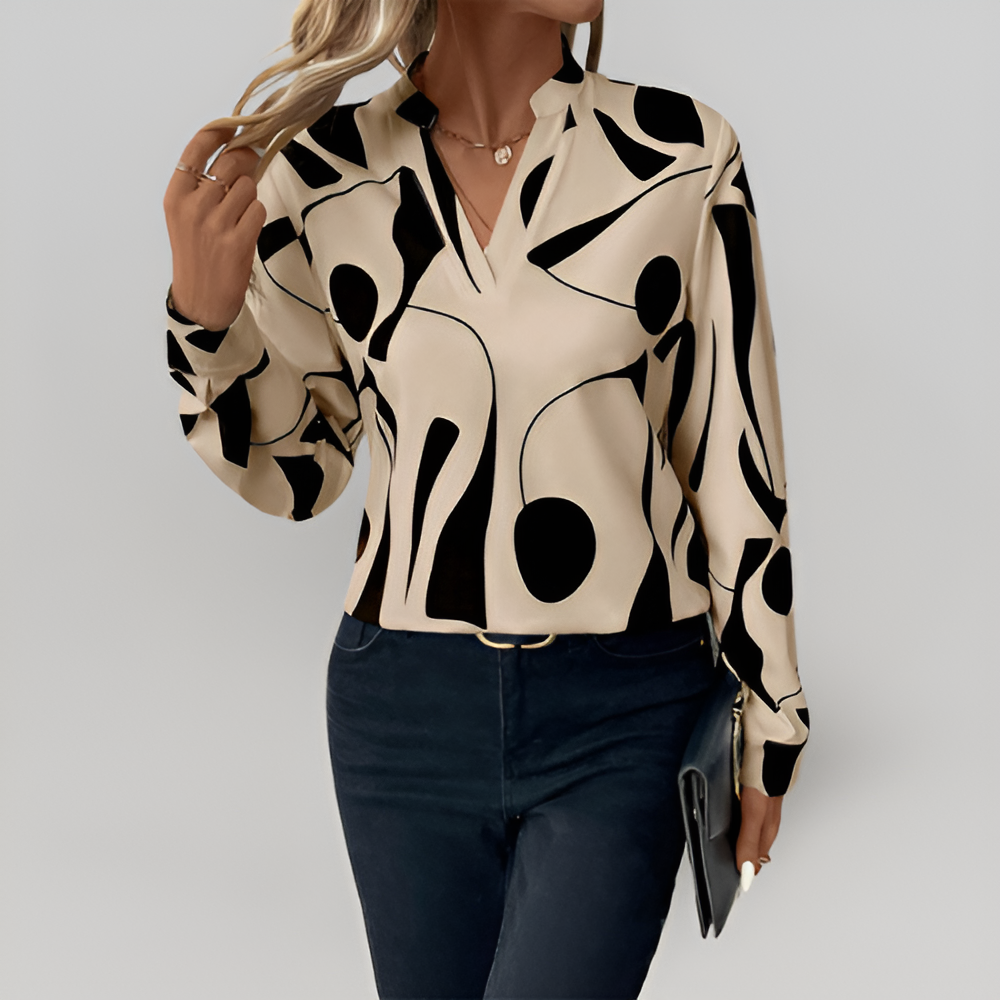 MiaVendi | Ladies Abstract Print Cotton Blouse Beige